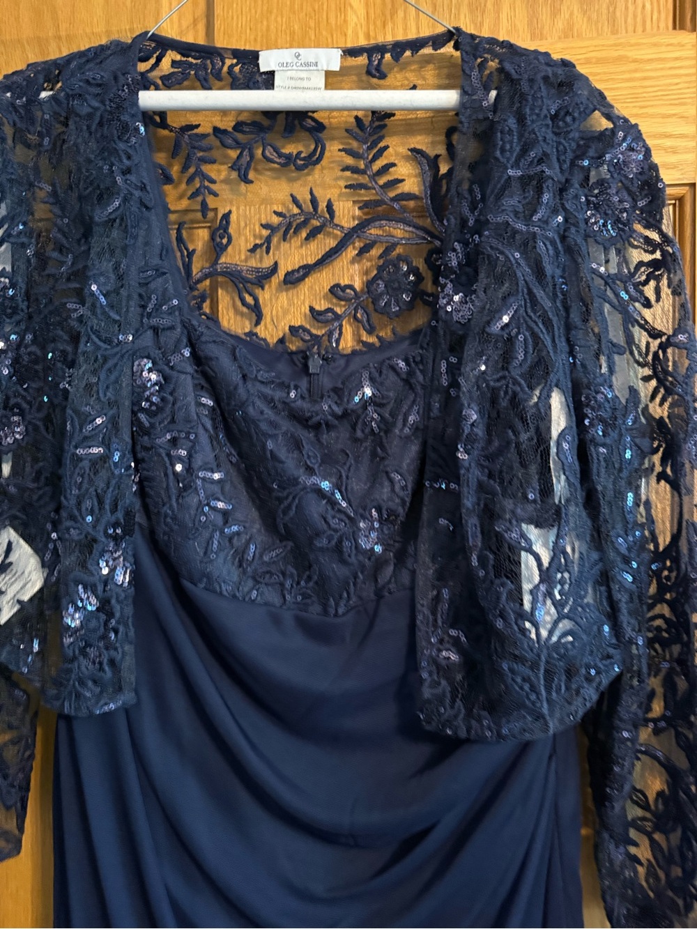 Elegant Navy Sequin Lace Jacket Evening Dress - Picture 3 of 4